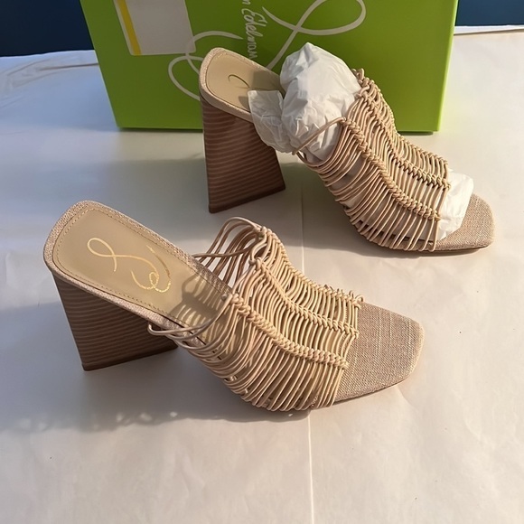 Sam Edelman Laurette block heels mule slip on sandals Sz 8 1/2 Almond Bungee new - Picture 10 of 12